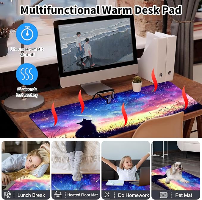 Warm Desk Pad,Heated Desk Pad,Office Mat,3 Heating Levels & 3 Hours Auto Shut-Off,31.5"*13" Gaming Mouse Laptop Keyboard Leather Desk Mat,Colorful Galaxy Cat