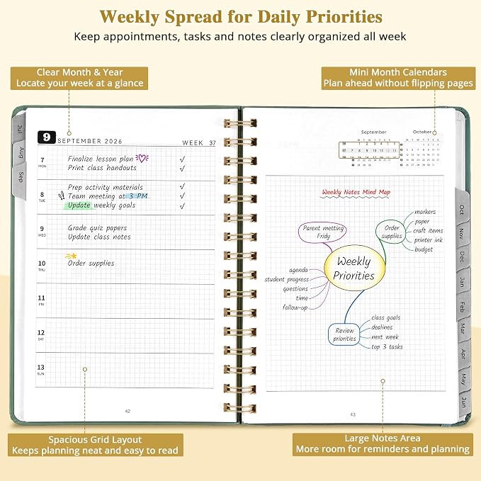 JoyCat Academic Planner 2026-2027, A5 Weekly & Monthly, Green | July 2026-June 2027 A5 planner combines weekly and monthly layouts, tabs, grid notes and sticker sheets.