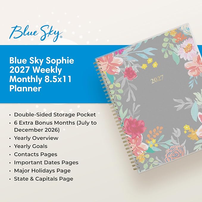 Blue Sky 2027 Weekly & Monthly Planner Calendar, 8.5"x11", Sophie | January 2027 - December 2027, Flexible Cover, Durable Twin Wire Binding, Laminated Tabs, Storage Pocket