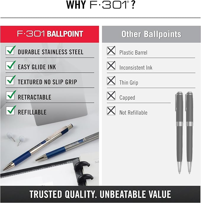 Zebra Pen F-301 STEEL Retractable Ballpoint Pen, Blue Ink, 0.7mm, 2-Pack
