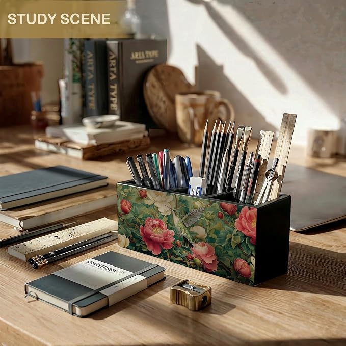 Vintage William Morris Inspired Floral Hummingbird Wooden Pencil Pen Holder for Desk Accessories, Rustic Botanical Hummingbird Bird Makeup Brush Holder Organizer for Bathroom Vanity