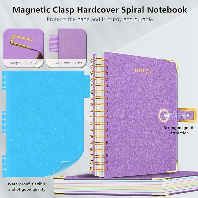 Hardcover Spiral Notebook College Ruled, 8"x10" Leather Journal Notebook with Magnetic Closure, 300 Pages 5 Subject Notebook with Dividers Tabs Journal for Women Men, Work, School(Lavender Purple)