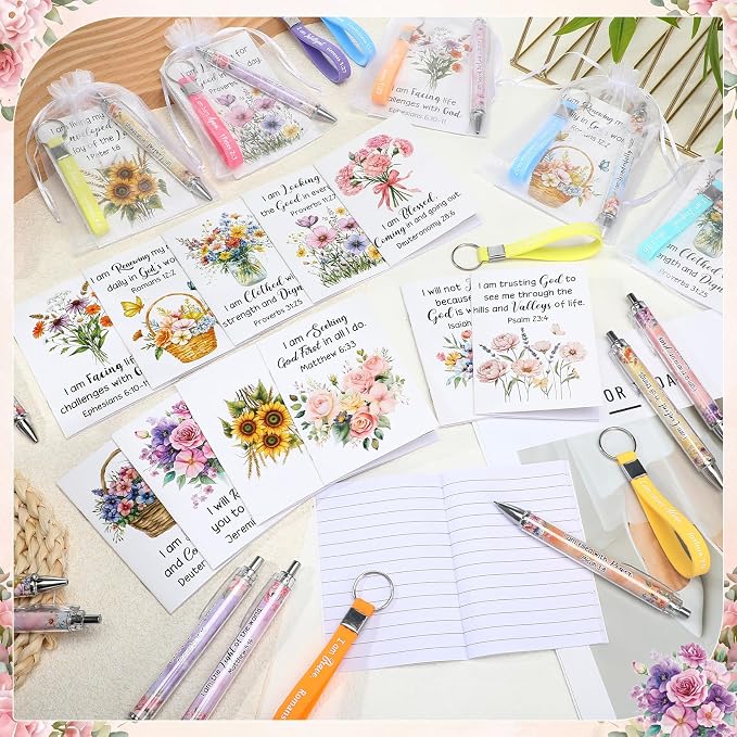 Mooliwe 24 Set Positive Affirmation Gift Set Gratitude Notebooks with Pens Keychains Small Bags Motivational Party Favors for Adult Women Coworkers Employee Group (Floral)