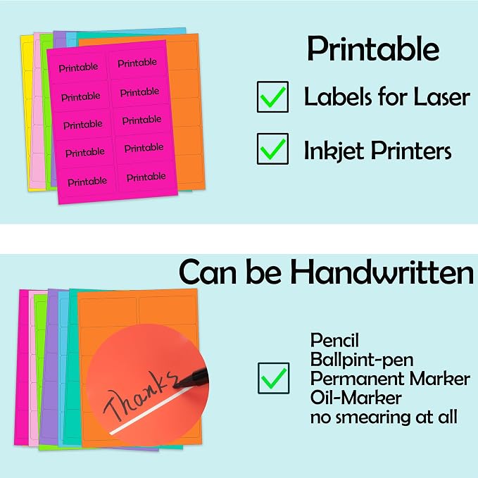 YSHIHE Fluorescent Shipping Address Labels,1" x 2-5/8" Neon Label 600 PCS | 5 Colors Neon Stickers for Inkjet or Laser Printer for Moving Lables,Mailing Shipping Envelopes and Organization 20 Sheets