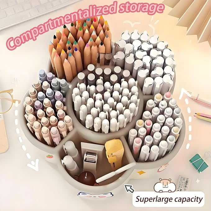 Pen Holder Pencil Organizer, 6 Slots 360-Degree Rotating Pencil Holder, Crayon Organizers for Kids Marker Organizer Caddy Art Supply Kids Desk Organizers for Office Home School (beige)