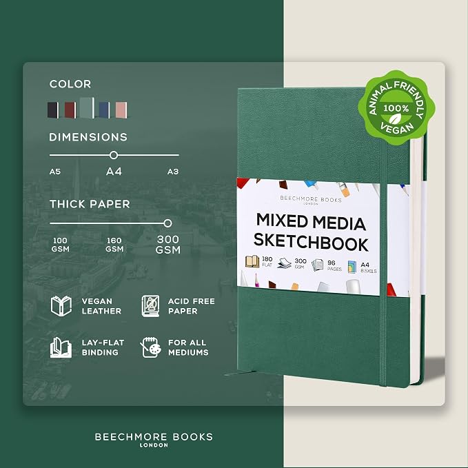 Beechmore Books Heavyweight Mixed Media Sketchbook - A4 8.5"x11" 300 GSM 48 Pages, Hardcover Lay-Flat Professional Journal for Painting, Acrylics and Wet Media
