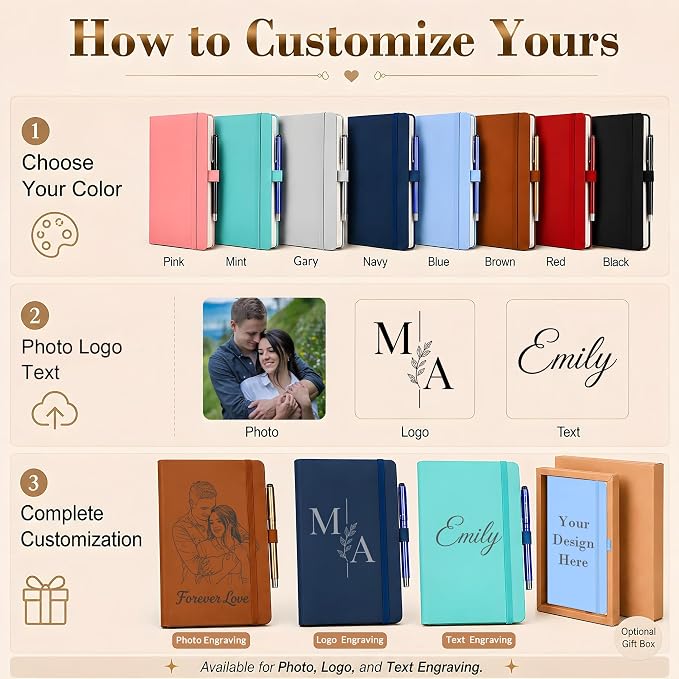 Personalized Notebook and Pen Set | A5, 200 Pages, Lined, Custom Engraved, Leather Journal Diary Business Gifts