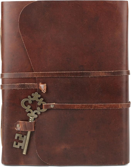 Leather Journal with Deckle Edge Paper 8x6 inch and Vintage Key | Handmade Writing Notebook Diary | Bound Daily Notepad for Men & Women Medium, Sketch/Writing pad for Artists