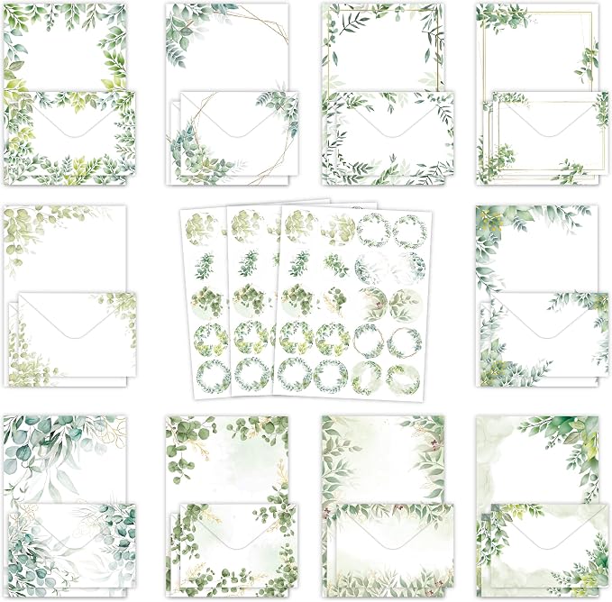 Stationery Paper Envelopes Set 160 Pcs - 50 Lined Writing Paper, 50 Envelopes, 60 Dot Stickers, Vintage/Floral/Leaf/Watercolor Multi-Style Options (STATIONERY-160PCS-LEAF)