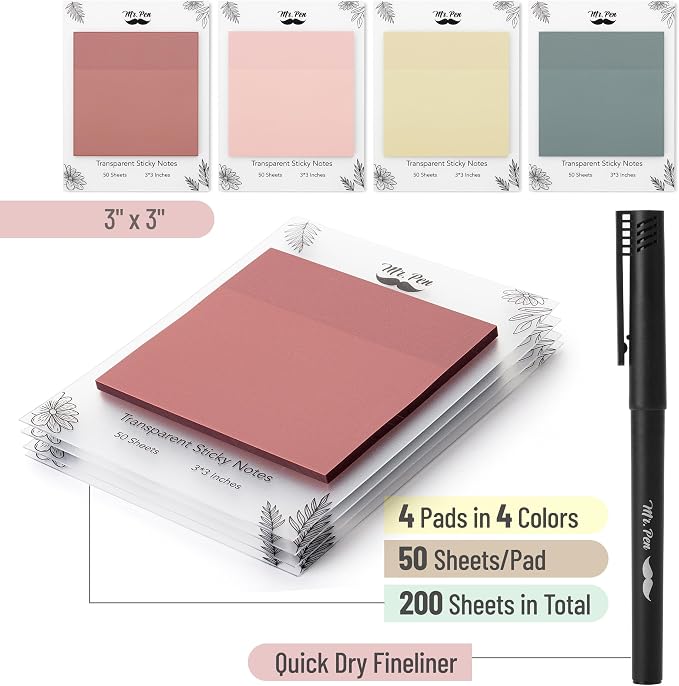 Mr. Pen- Transparent Sticky Notes, 3" x 3", 4 Pads, 200 Sheets | Vintage Colors, See Through Self-Adhesive Notes with Fineliner for Bible Journaling and Studying, Water-Resistant