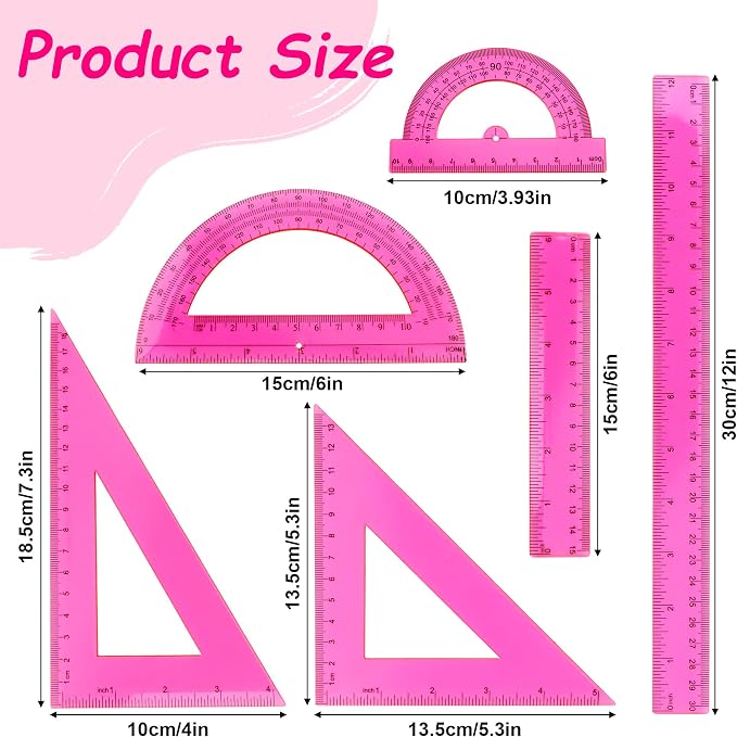 Plastic Clear Ruler Math Set - 6'' 12'' Transparent Straight Ruler, 4'' 6'' Protractor, 30/60 & 45/90 Triangle Ruler,Geometry Math Measuring Tool for School Home Office Drawing Teachers Kids Hot Pink