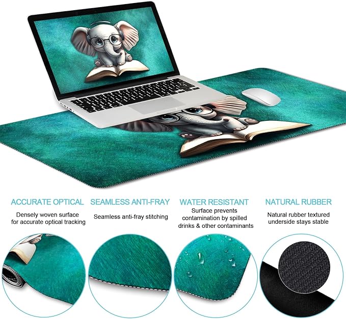 LIMKRIAN Large Desk Mat Set, Mouse Pad with Wrist Rest, Cute Elephant | Ergonomic Wrist Support Keyboard Mat, Coaster, Gaming Mouse Pad, Home Office Desk Accessories Decor Supplies for Women Gifts