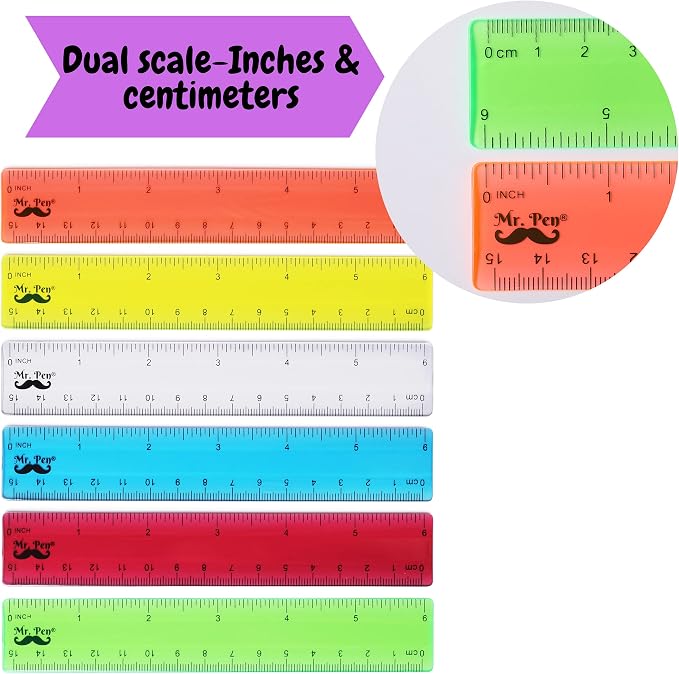 Mr. Pen- Plastic Rulers, 6 Inch, 6 Pack, Assorted Colors | Scratch-Resistant Design with Inches and Centimeters, Durable Small Transplant Rulers for Crafting Office & School
