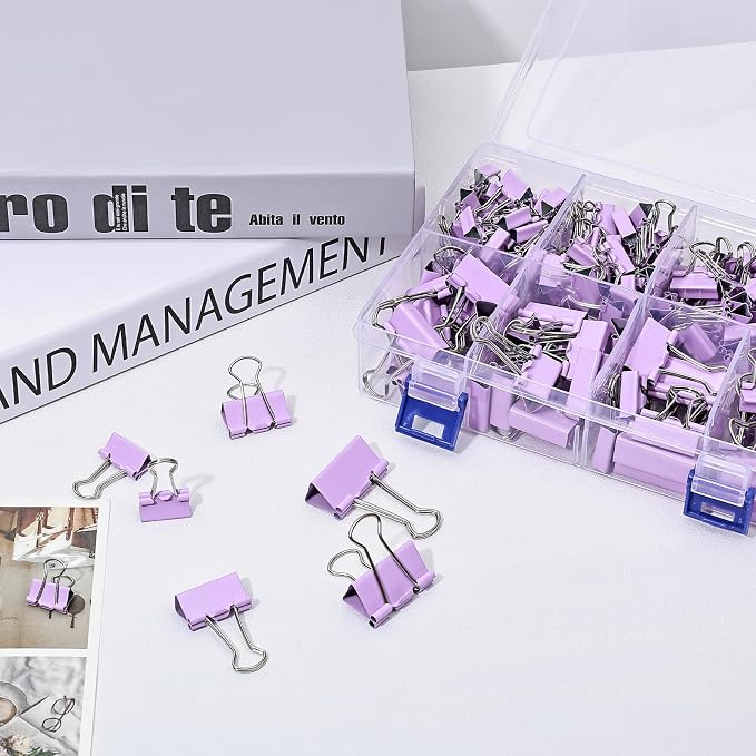 Temiary 188 Pcs Binder Clips with Container, Assorted 4 Sizes Clamp, Purple | 0.6 & 0.75 & 0.98 & 1.26 Inch Metal Binder Clip in One Pack, Paperwork Clamp Bulk for Office, Home, School