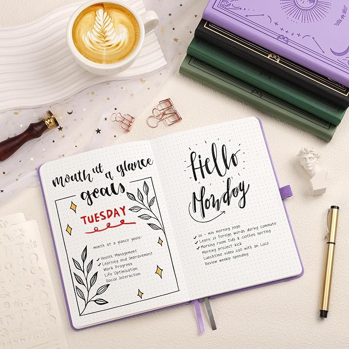 Dotted Journal Notebook for Women Men, 192 Pages, A5 (5.7'' x 8.3'') | Hardcover Leather Notebook with 100GSM Thick Paper for Traveling, Journaling, Planning, Tracking (Light Purple)