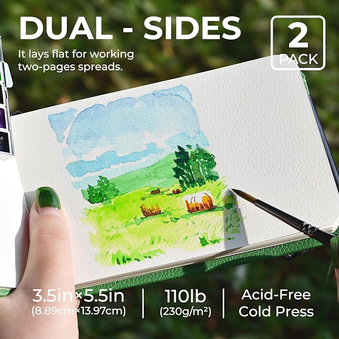 Funto Watercolor Journal, 3.5x5.5, 2 Pack, 24 Sheets Each, Cold-Pressed with Inner Pocket, 110lb/230gsm, Suitable for Techniques and Mixed Media