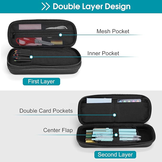 ProCase 2-Layer Hard Pencil Case, Large Capacity Storage Box Pouch, Black | Stationery Holder Organizer with Zipper Fits Pens Desk Office & School Supplies