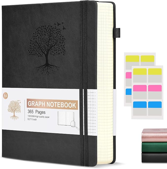 Ansopu Graph Paper Notebook Journal, 360 Numbered Pages Grid Notebooks 8.5 x 11, Thick 100gsm Paper Graphing Journals for Women Men, A4 Large Hardcover Graph Leather Journals for Writing Black