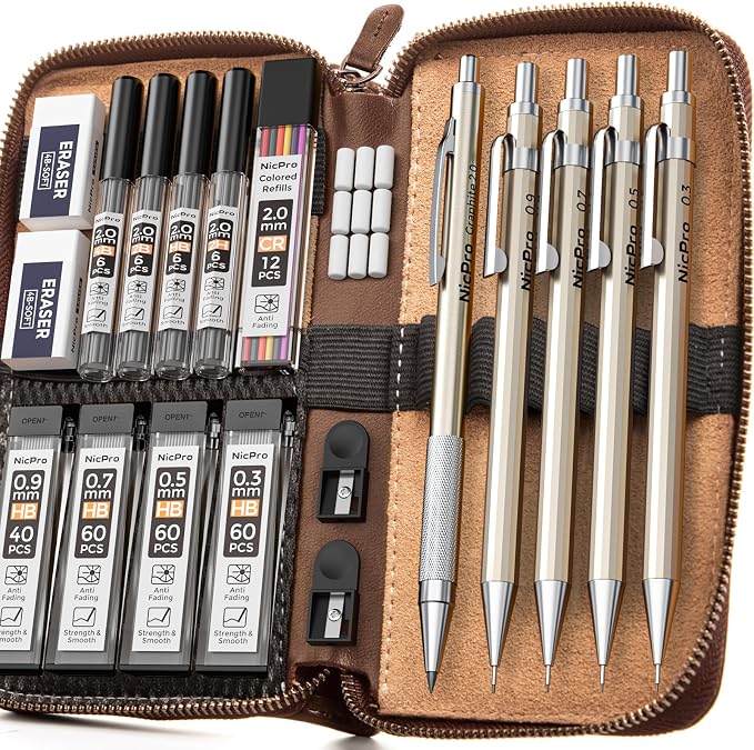 29PCS Metal Mechanical Pencil Set, Professional Drawing Kit in Leather Case | Mechanical Pencil Pack: 0.3 0.5 0.7 0.9 2mm Pencil Holder, (6B 4B 2B HB 2H 4H) Lead, Erasers, for Art Drafting Sketching