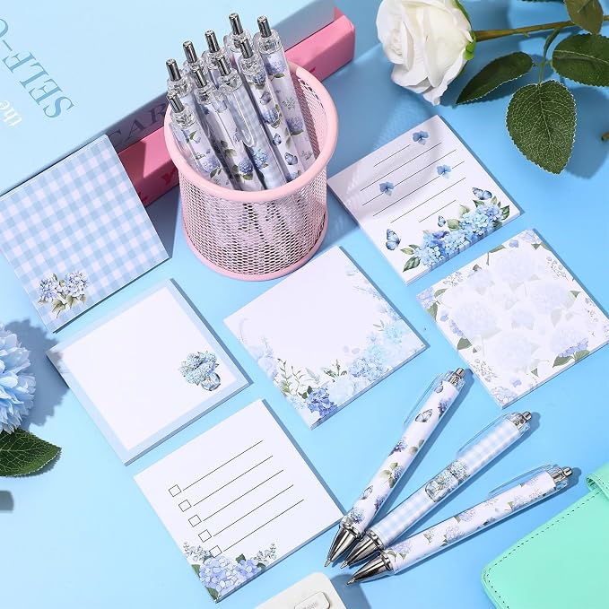 Sabary 18 Pcs Stationery Set, 12 Aesthetic Pens & 6 Sticky Notes, Valentines Gifts, Baby Shower Party, Cute Office School Supplies, Gifts for Women Students Nurses Teachers Coworker(Hydrangea)