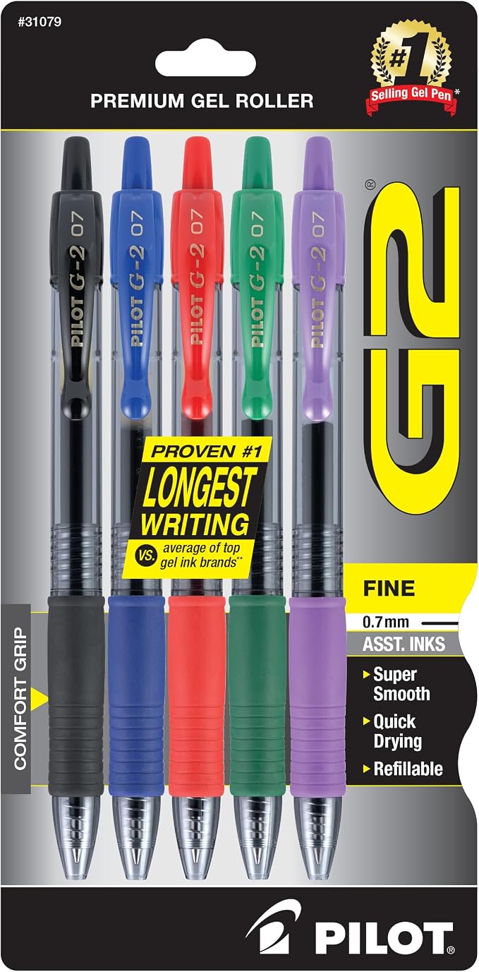 Pilot G2 Pens, Premium Refillable And Retractable Gel Ink Pens Fine Point 0.7mm, Assorted Colors, 5-Pack
