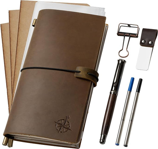 WANDERINGS Regular Size Travelers Notebook Bundle – 4.5" x 8.5" (11.5 x 22cm) – Genuine Leather Journal with Pen Holder, Pen, 2 Ink Refills, PVC Folder & Binder Clip