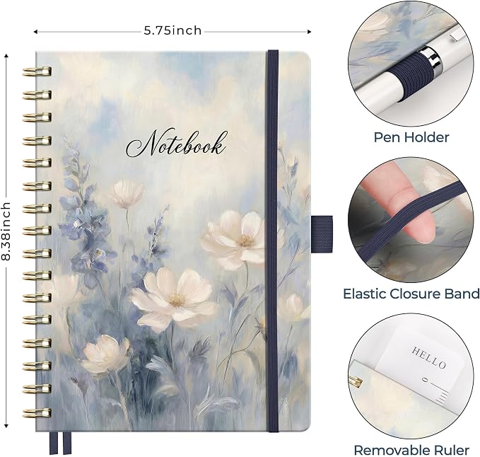 AHGXG Spiral Journal Notebook, 160 Lined Pages, A5 Size (5.7'' x 8.3'') | for Women, Journaling, Writing, Work & Office, Hardcover, 100 GSM Thick Paper (Soft Blue Floral)
