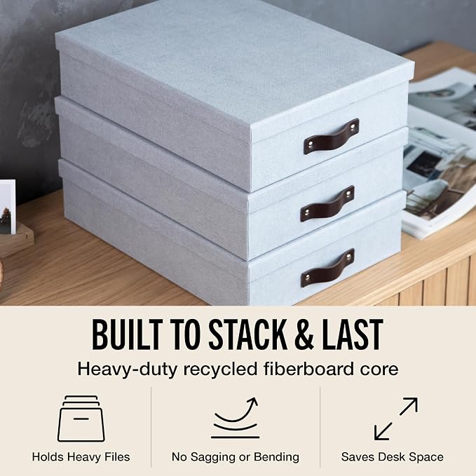 Bigso Oskar Canvas Fiberboard Document Letter Box - File Organizer Box for Important Paperwork - Document Storage with a Lid & Leather Handle - 3.3 in x 10.2 in x 13.8 in - Ash