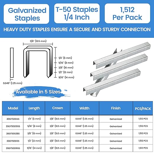 meite T50 Staple Gun Staples, 1/4 Inch Heavy Duty Staples, Galvanized 20 Gauge 3/8 Inch Crown Staple for Upholstery, Construction, Furniture (10 Packs)