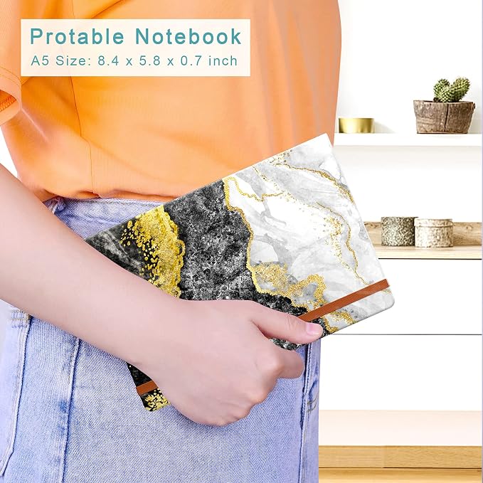 Lined Journal Notebook, Marble Hardcover, Medium 5.7 x 8.4 in, 160 Pages Thick Paper, Cute Aesthetic College Ruled Notebook for Journaling Writing Work Office School Men Women, Black White Gold
