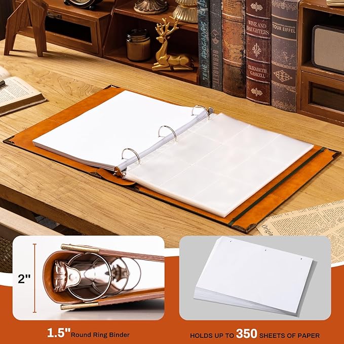 Ovesmusl PU Leather 3 Ring Binder Fits 8.5"x11" Letter Size Paper, 1.5 Inch Round Ring Binder Holds 350 Sheets, Notepad Paper Cover Loose Leaf Organizer, Green Tree