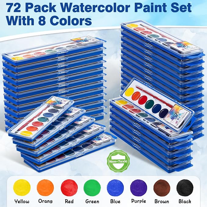 72 Pack Watercolor Paint Set, Washable Watercolor Paint Bulk for Kids, Water Color Paint with Paint Brushes, Ideal Gifts for Party Favors, School Supplies & Classroom Prizes, Art Activities, 8 Colors