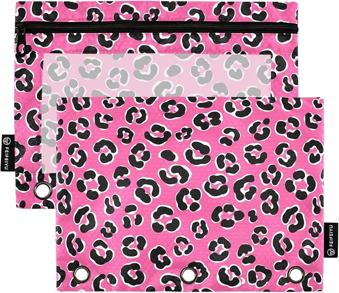Emelivor Leopard Pink Pencil Pouch for 3 Ring Binder 2 Pack Binder Pencil Pouches Zippered Clear Pencil Case Cosmetic Bag for Storing College Office Supplies