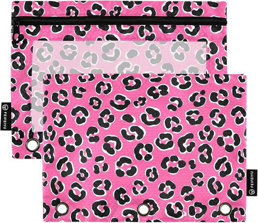 Emelivor Leopard Pink Pencil Pouch for 3 Ring Binder 2 Pack Binder Pencil Pouches Zippered Clear Pencil Case Cosmetic Bag for Storing College Office Supplies