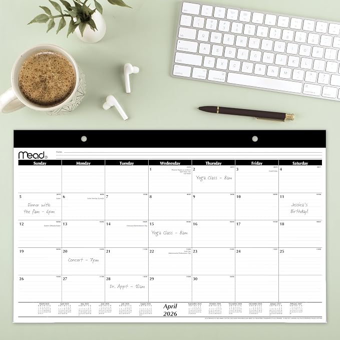 Mead Desk Calendar 2026-2027 Planning Pad, Academic 15-Month April-June, Monthly, 17.75" x 11" Compact, Ruled Daily Block (CAM82005)