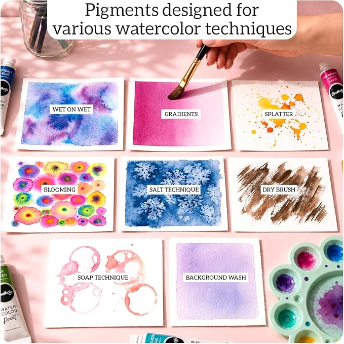 Chalkola Watercolor Paint Set for Adults & Professional Artists - 36 Watercolor Tubes Set (12ml, 0.4oz), 10 Painting Brushes & 1 Palette | Vibrant Water Color Art Painting Supplies