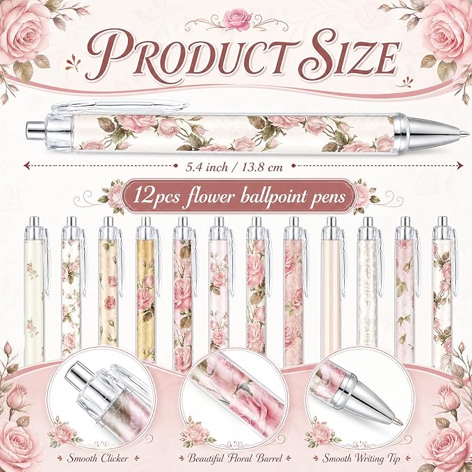 Motiskyy 24 Pcs Vintage Rose Pink Floral Pens Flower Ballpoint Pens Flower Notepads Set Design Line Notebook Employee Gifts Set for Student School Office Supplies, Back to School Gift