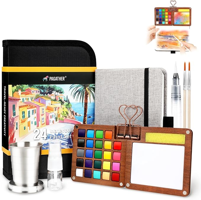 Pagather 24 Colors Mini Watercolor Travel Set, Portable Watercolor Kit with Water Brush, Pocket Size Painting Set for Beginners, Hobbyists & Artists