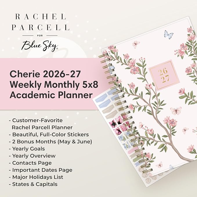Blue Sky 2026-2027 Weekly & Monthly Academic Planner, 5"x8", Cherie | July 2026 - June 2027, Flexible Cover, Wirebound, Laminated Tabs, Storage Pocket, Stickers, Academic Year, Rachel Parcell