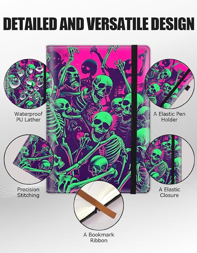 Hardcover Executive Notebooks, A5 PU Leather Lined Journal Notebook, 200 Pages Thick Paper Subject Notebooks for School,Work,Home Writing Business Notebook, Diary Book ，Green Skull