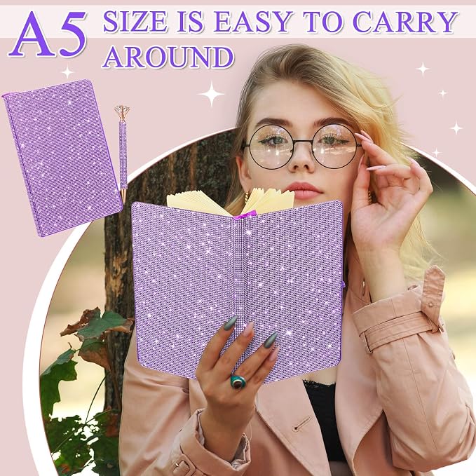 Rhinestone Pen & Glitter Notebook Set, Hard Cover Bling Diary Journal for Girls, Cute School Supplies for Back to School, Sparkly Desk Accessories Gift for Women(Rhinestone,A5,Purple)