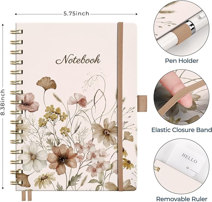 AHGXG Spiral Journal Notebook, 160 Lined Pages, A5 Size (5.7'' x 8.3'') | for Women, Journaling, Writing, Work & Office, Hardcover, 100 GSM Thick Paper (Soft Neutral Floral)