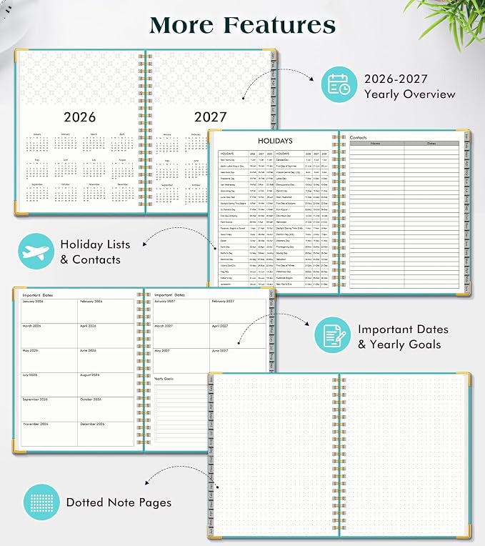 Planner 2026-2027, 18 Months Weekly and Monthly Hardcover Planner, January 2026 - June 2027, 5.75" x 8.38" A5 Daily Calendar Planner Book with Tabs, Spiral Yearly Agenda Organizer Notebook for School Work Home, Aquamarine