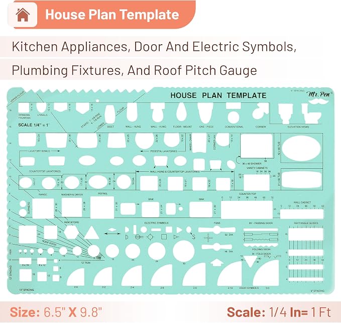 Mr. Pen- House Plan, 3 pcs, Interior Design and Furniture Templates | Clear Flexible Plastic, Drafting Tools, Ruler Shapes for Architecture, 1/4 Inch Scale, Kitchen, Bath, Bedroom, Office