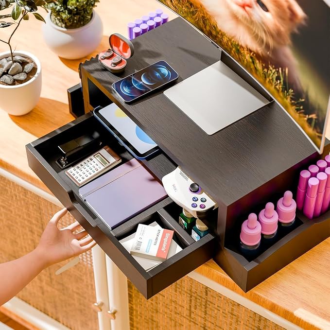 Simple Trending Wood Monitor Stand Riser, Desktop Oraganizer, Black | Desk Organizer and Accessories, Laptop & Printer Stand, Drawer & Pen Holder, for Home Office, 20.25"W x 9.25"D x 5.5"H