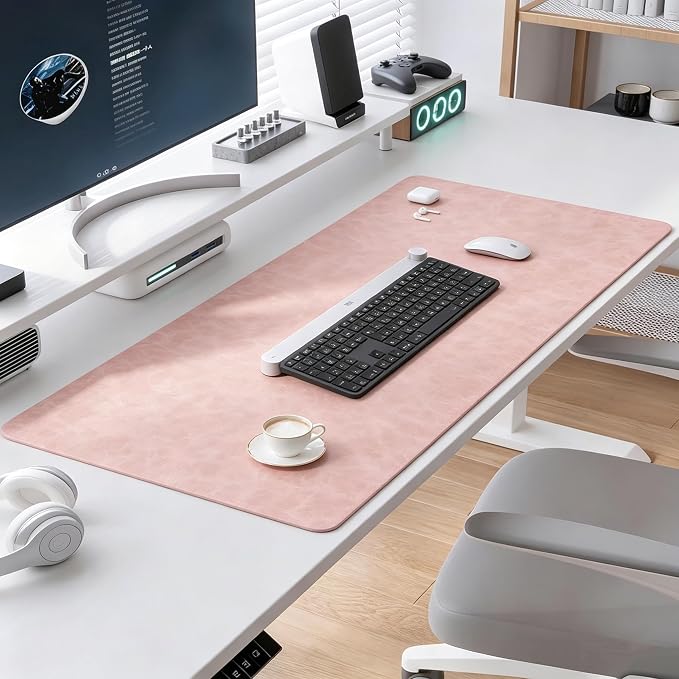 Distressed Leather Desk Mat - Non-Slip PU Leather Desk Pad Protector - Large Waterproof Mouse Pad Computer Keyboard Desk Mat Desk Accessories for Office & Home (Pink, 36"x17")