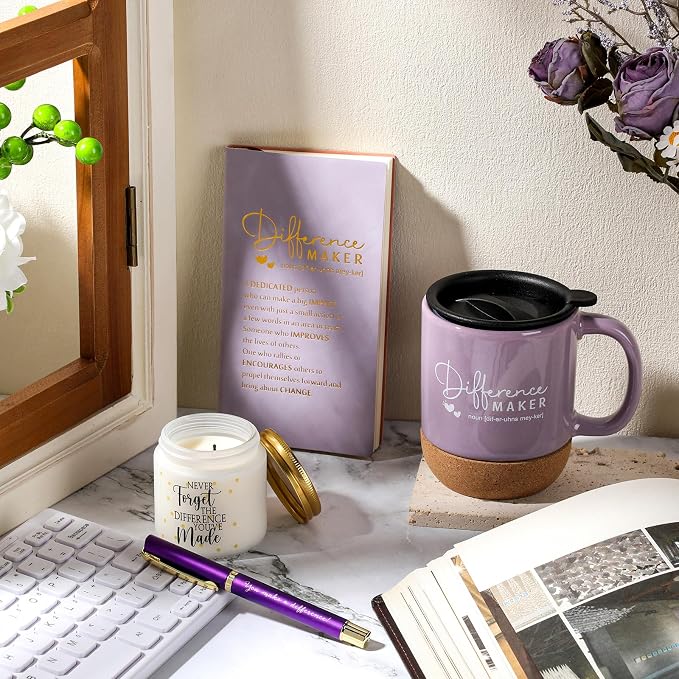 Vesici 4 Pcs Difference Maker Gift Set Mug Notebook Candle Pen,Purple,Word