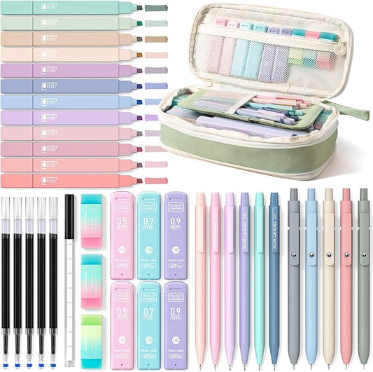 Four Candies School Supplies with Cute Pen Case, 39ct Green | Back to School Stationery Set, Essentials for College & Nursing Students, 5 Gel Pens, 6 Mechanical Pencils, 12 Highlighters