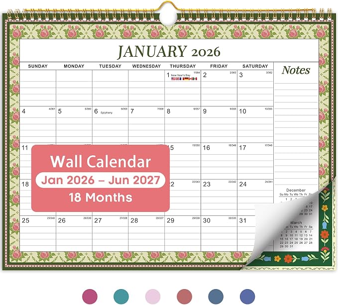 Calendar 2026-2027, Monthly Wall Calendar Runs Until June 2027, 11.5" x 14.7", Spiral Binding Hanging Wall Calendar, Perfect for Home or Office,Floral Borders