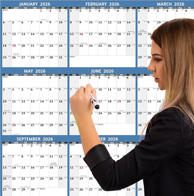 2026 Dry Erase Calendar – Large Yearly Wall calendar 2026, 33.7'' x 45.1'', 2-Side Reversible Calendar 2026, Vertical/Horizontal, Jan 2026 – Dec 2026, 2026 Wall Calendar with Notes, Stickers - Light Blue